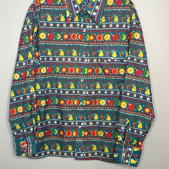 Vintage 1970’s Men’s Large Nylon Shirt Retro Fruit Pattern - Picture 1 of 15